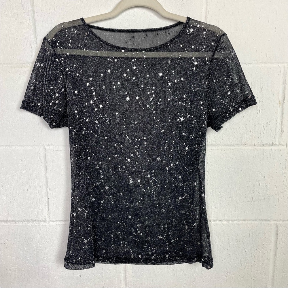 Mangopop Tee Sheer Black Fitted Metallic Stars Whimsigoth Dark Fairy Ethereal XL